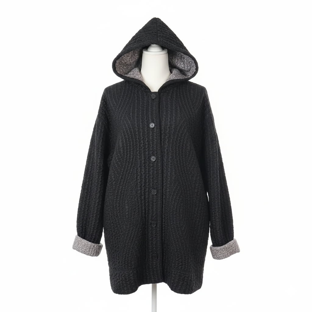 Women's Coat Black Gray Two Tone Crinkle Texture Hooded Quilted Oversized XL